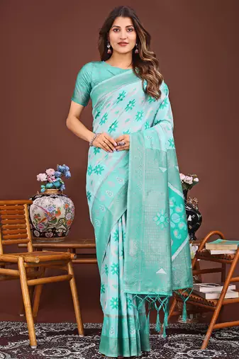 sea green color woven work linen cotton saree