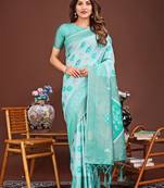 sea green color woven work linen cotton saree