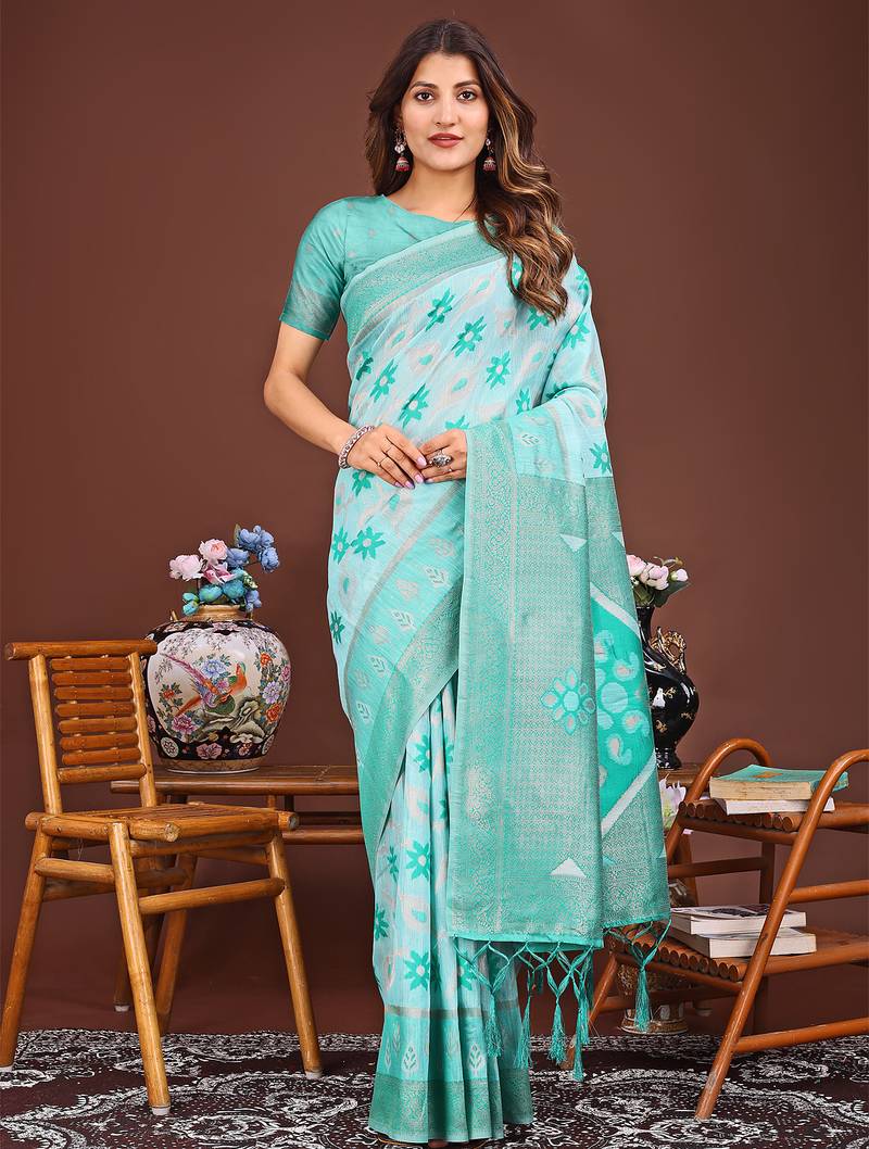sea green color woven work linen cotton saree
