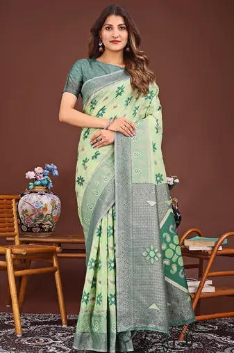 light green color woven work linen cotton saree