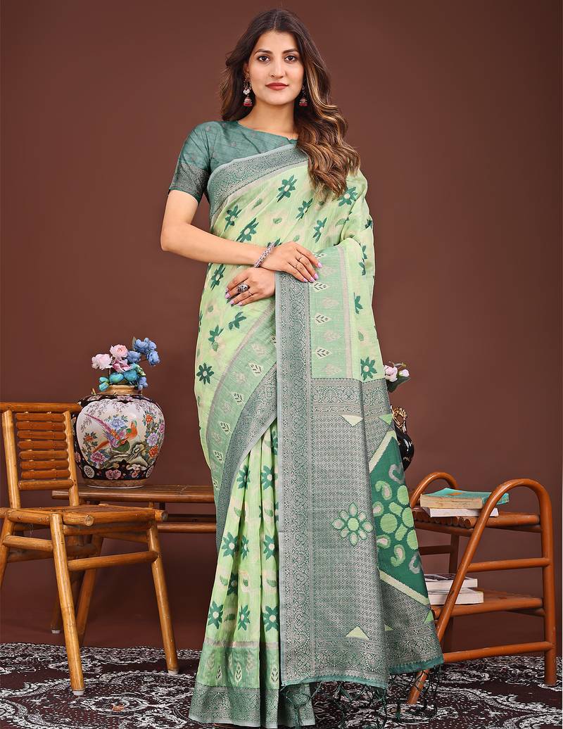 light green color woven work linen cotton saree
