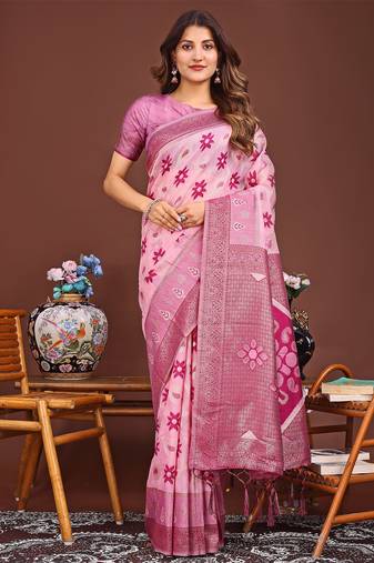 pink color woven work linen cotton saree