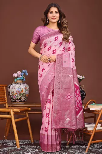 pink color woven work linen cotton saree