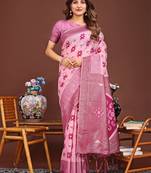 pink color woven work linen cotton saree