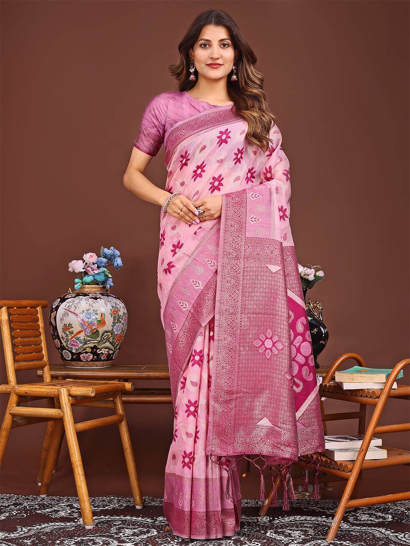 pink color woven work linen cotton saree