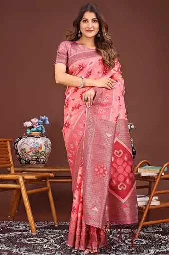 peach color woven work linen cotton saree