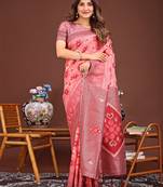 peach color woven work linen cotton saree