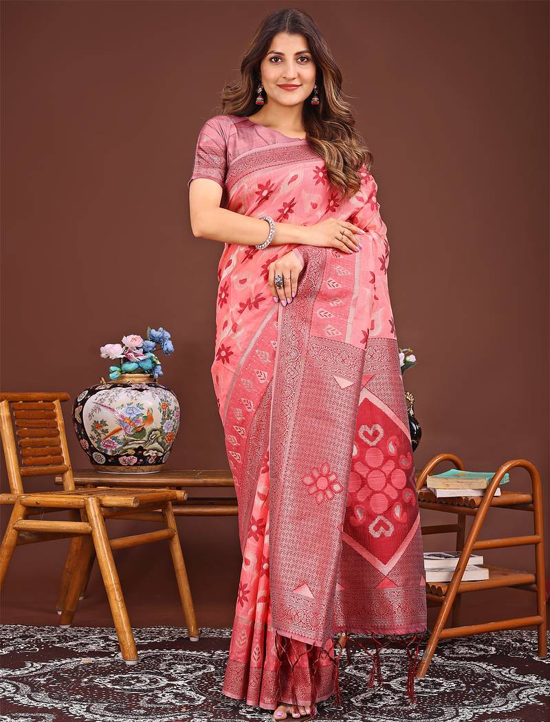 peach color woven work linen cotton saree