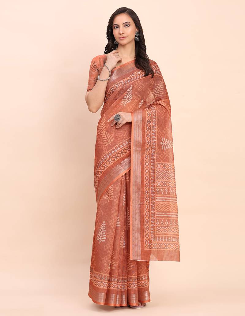 rust color printed linen cotton saree