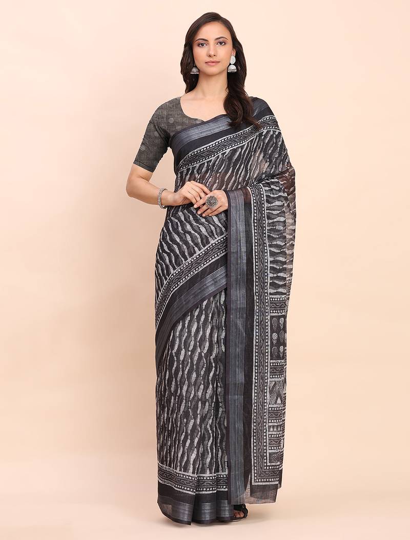 black color printed linen cotton saree