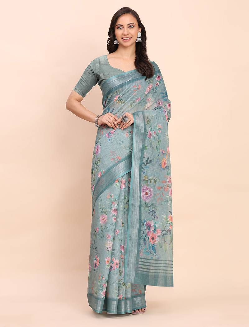 sea green color printed linen cotton saree