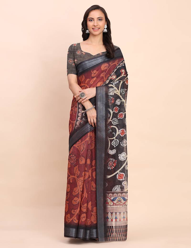 maroon color printed linen cotton saree