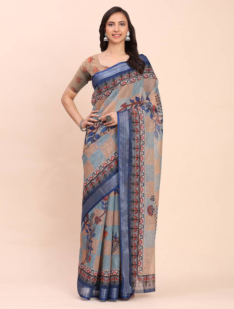cream color printed linen cotton saree
