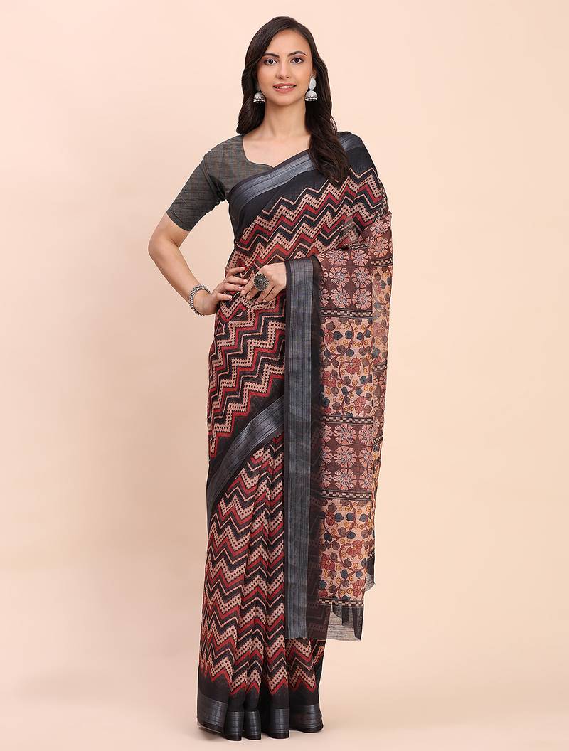 c green color printed linen cotton saree