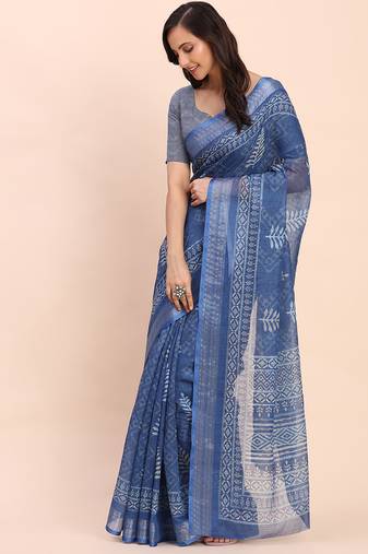 blue color printed linen cotton saree