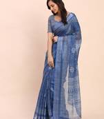 blue color printed linen cotton saree