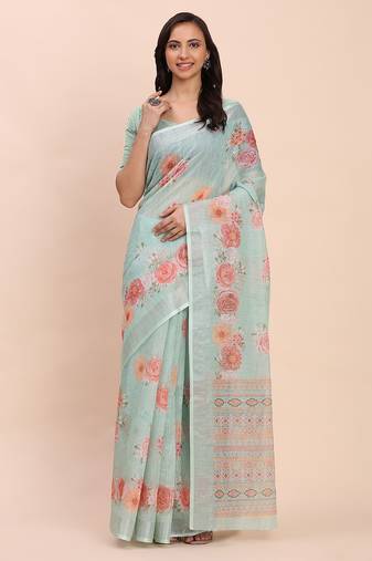 sea green color printed linen cotton saree