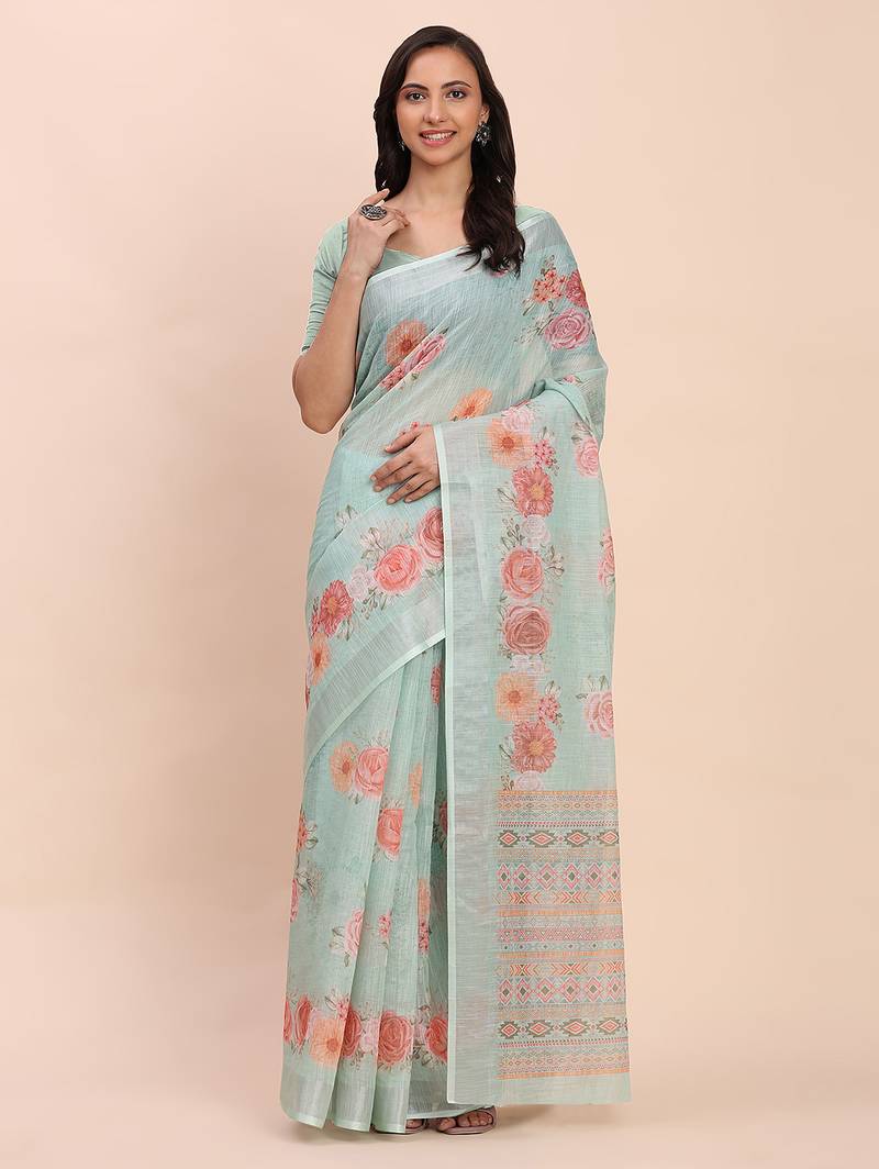 sea green color printed linen cotton saree