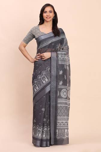 black color printed linen cotton saree