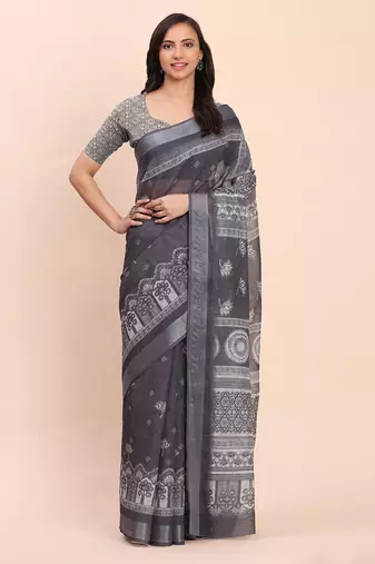 black color printed linen cotton saree