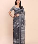 black color printed linen cotton saree