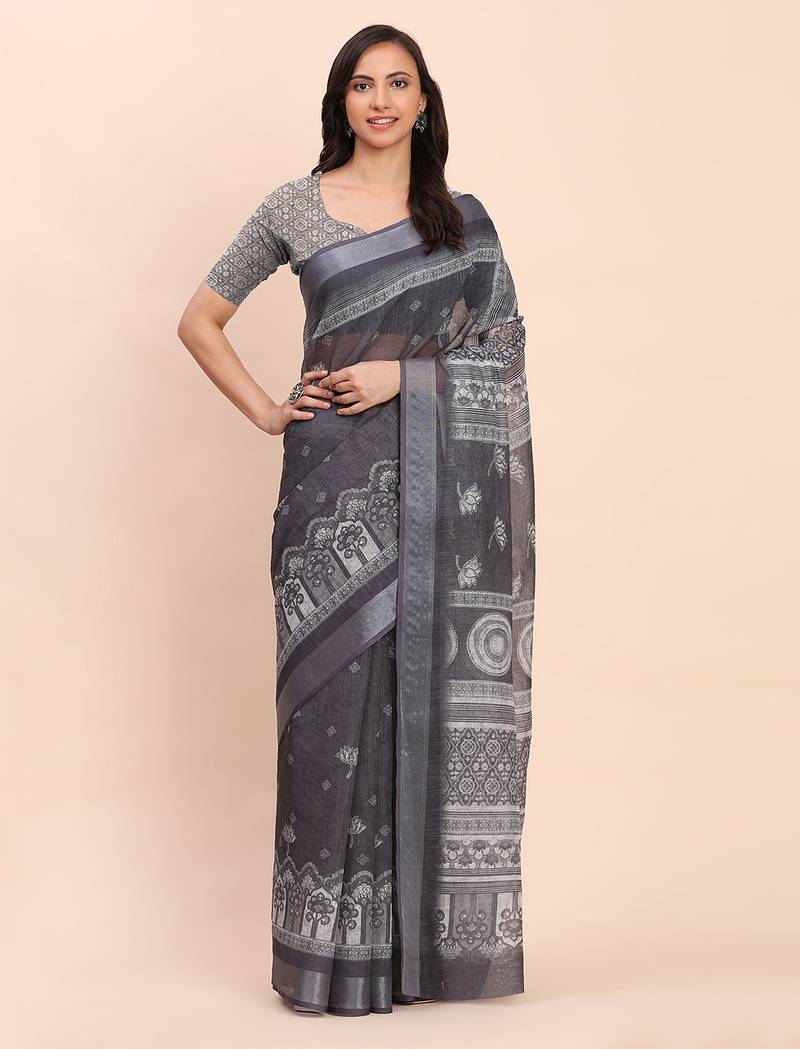 black color printed linen cotton saree