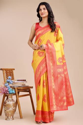 yellow & red color woven work banarasi art silk saree
