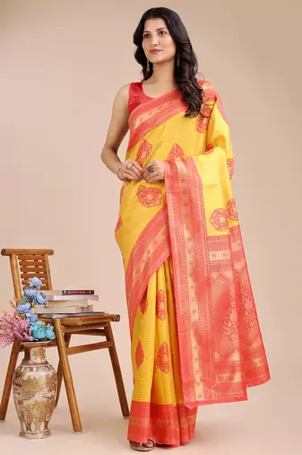 yellow & red color woven work banarasi art silk saree