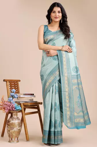 sea green color woven work banarasi art silk saree