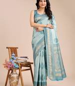 sea green color woven work banarasi art silk saree