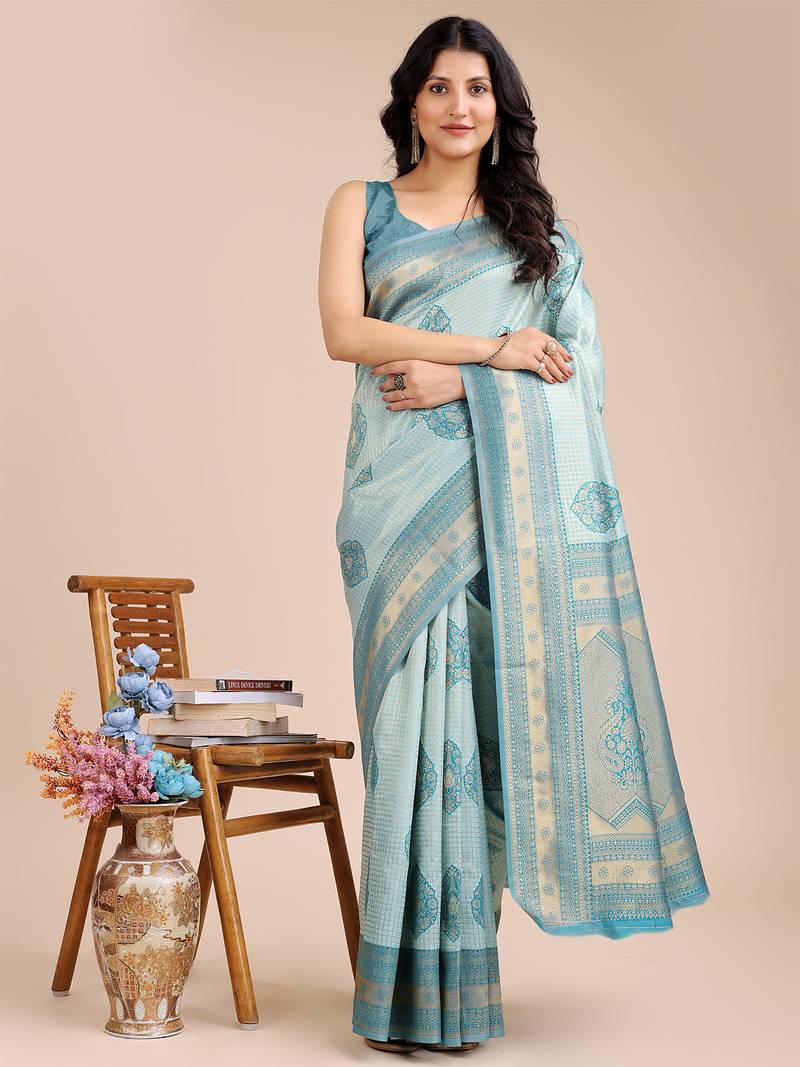 sea green color woven work banarasi art silk saree