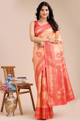 ornge & red color woven work banarasi art silk saree