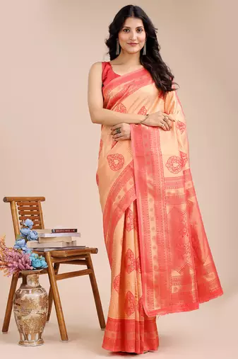 ornge & red color woven work banarasi art silk saree