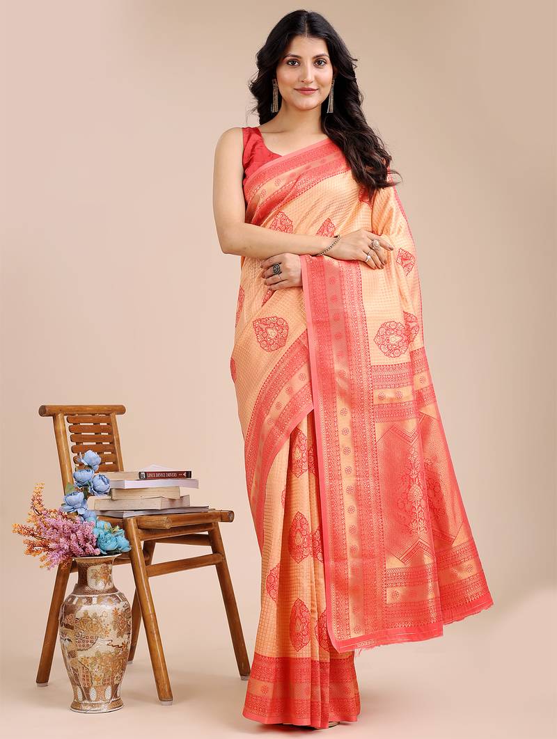 ornge & red color woven work banarasi art silk saree
