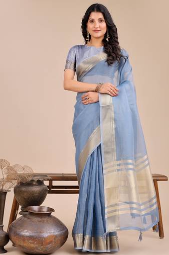 sky blue color plain zari border orgenza saree