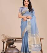 sky blue color plain zari border orgenza saree