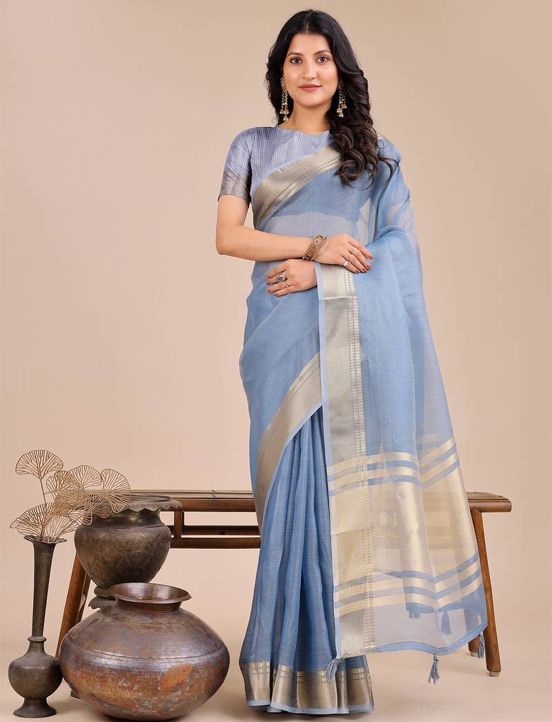 sky blue color plain zari border orgenza saree