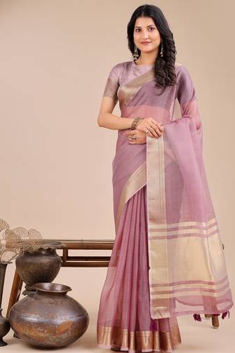 purple color plain zari border orgenza saree