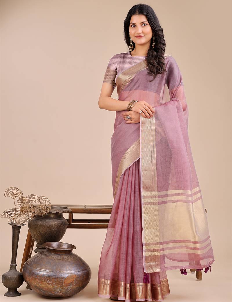 purple color plain zari border orgenza saree