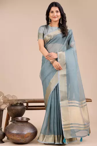 sea green color plain zari border orgenza saree