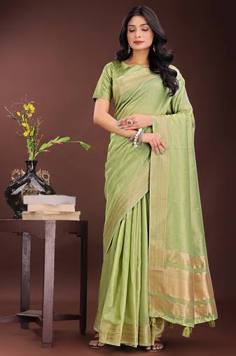 light green color plain zari border orgenza saree