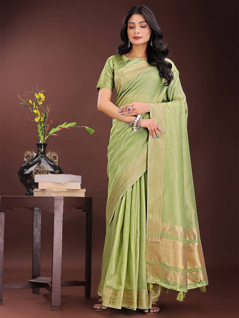 light green color plain zari border orgenza saree