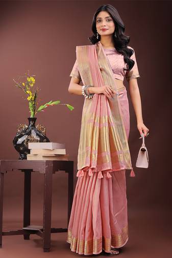 light pink color plain zari border orgenza saree