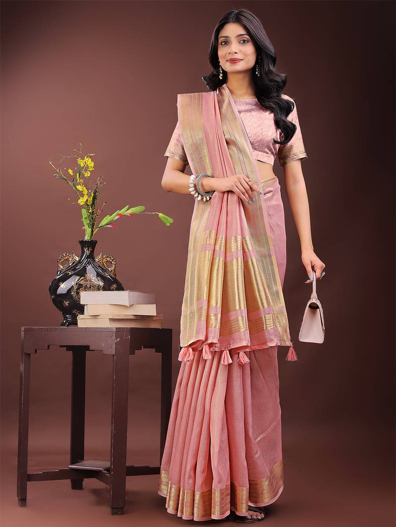 light pink color plain zari border orgenza saree