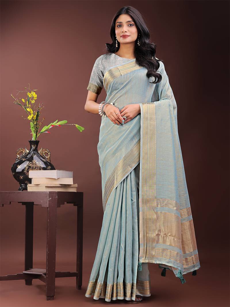 sky blue color plain zari border orgenza saree
