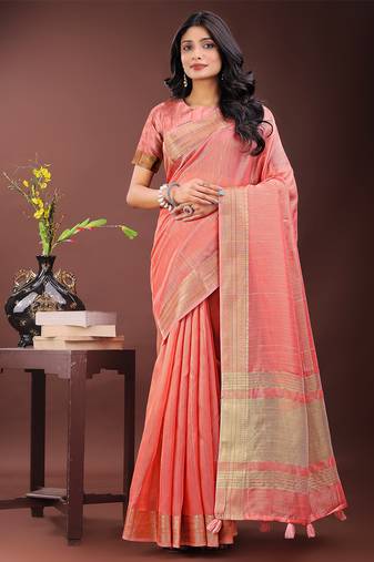 peach color plain zari border orgenza saree