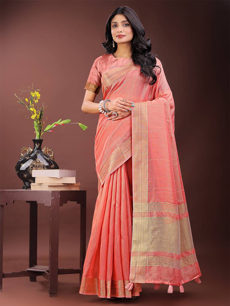 peach color plain zari border orgenza saree