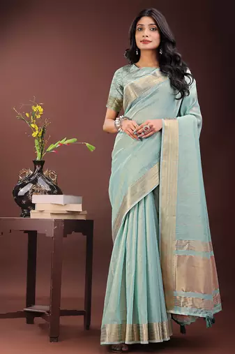 olive green color plain zari border orgenza saree