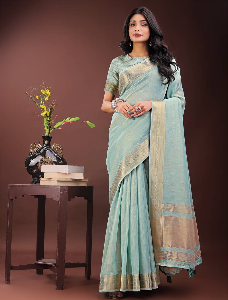 olive green color plain zari border orgenza saree