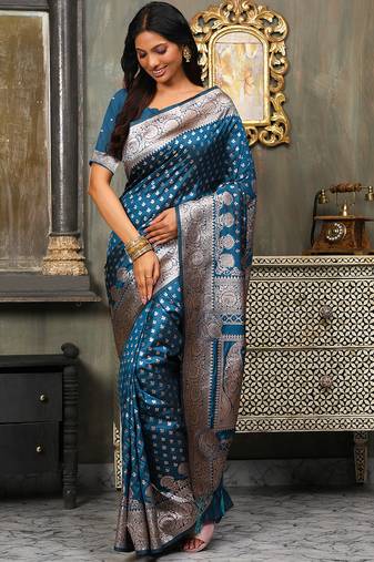 blue color zari woven banarasi art silk saree